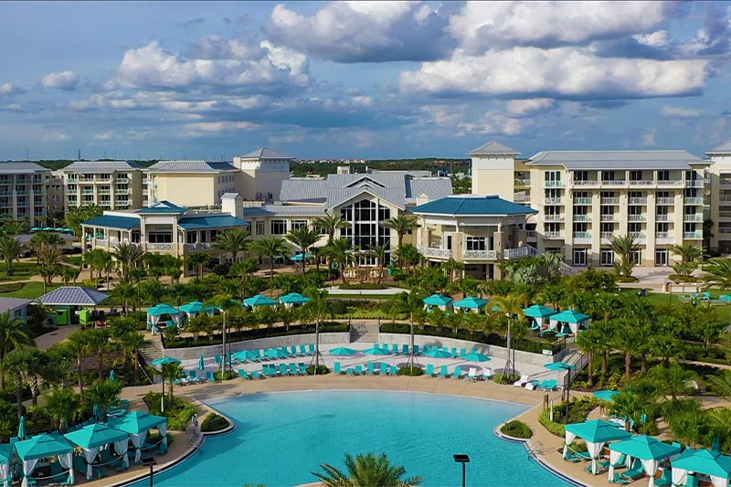 Overhead view of the Margaritaville Resort Orlando Hotel and Fins Up Pool.