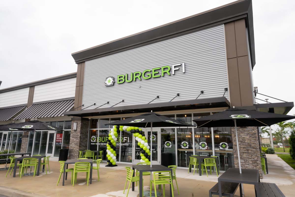 BurgerFi restaurant storefront in West Doral, Florida.