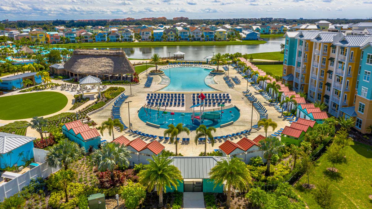 Aerial view of Oasis Beach Club pool area at Embassy Suites by Hilton Orlando Sunset Walk