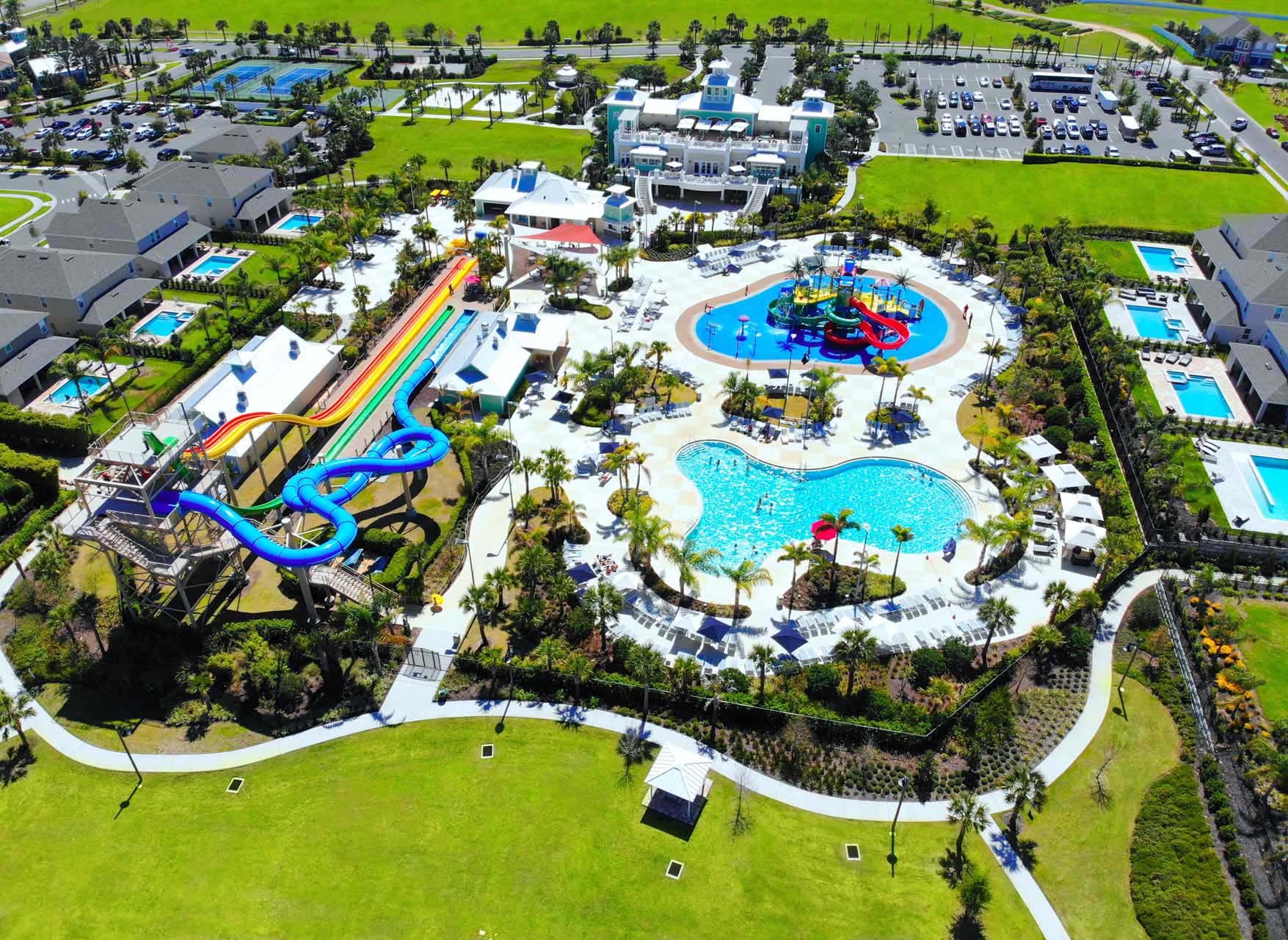 View of the water park, pool, and clubhouse at Encore Resort