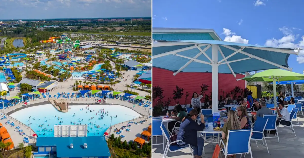 Island H2O Water Park double image: Wave pool and covered outdoor table (Island H2O Water Park / Taking The Kids)