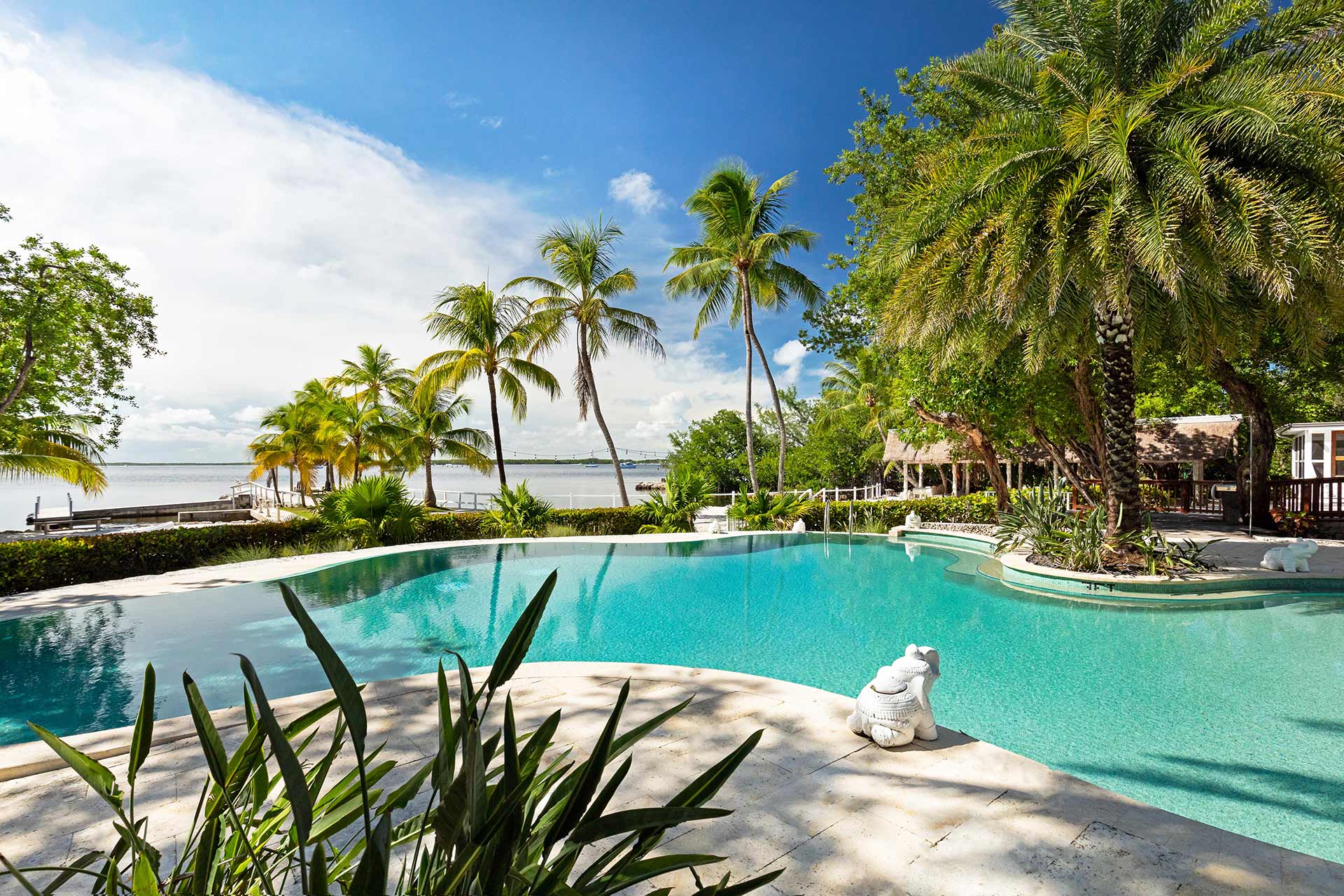 Infinity pool surrounded by lush greenery, overlooking the ocean at Largo Resort