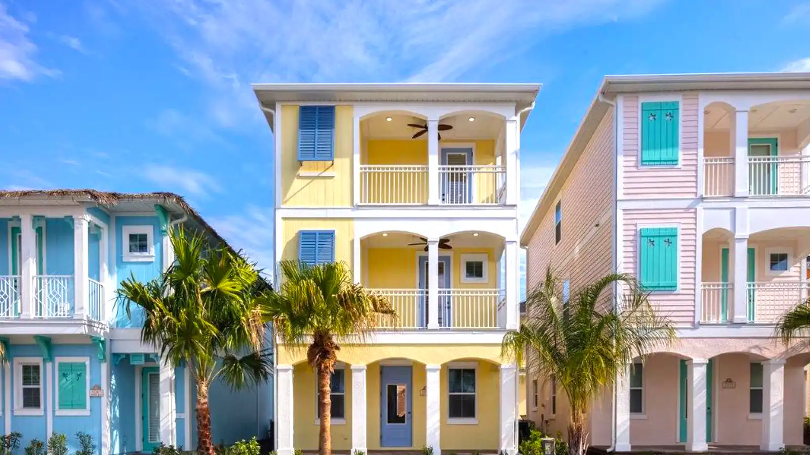 Row of colorful cottages at Margaritaville Cottages Orlando
