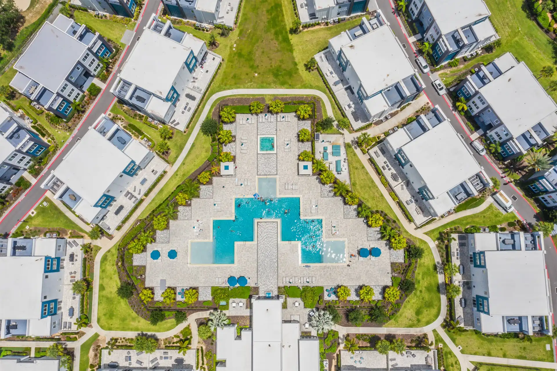 Aerial view of Spectrum Resort Orlando condos and clubhouse pool