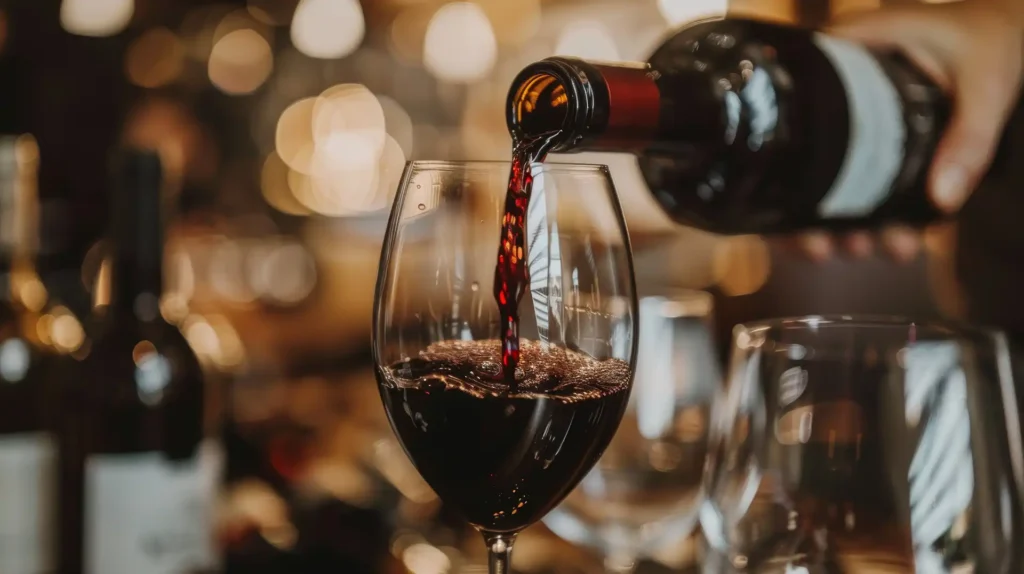 Pouring premium red wine into a wine glass in a cozy restaurant atmosphere
