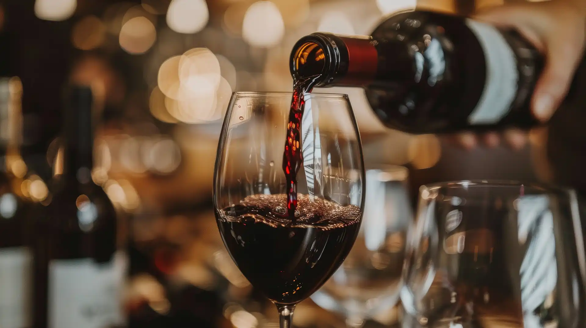 Pouring premium red wine into a wine glass in a cozy restaurant atmosphere